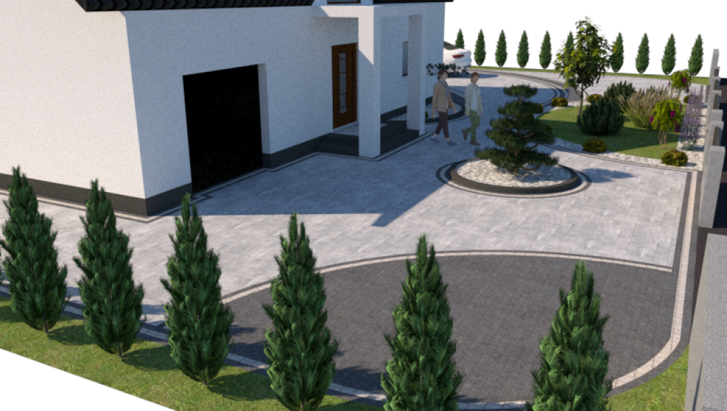Wizualizacja 3D — podjazd i ogrodzenie